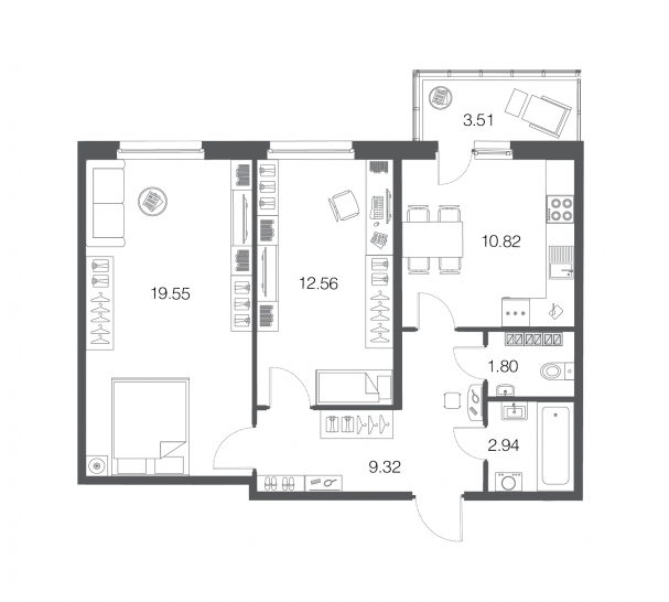 Двухкомнатная квартира 57.1 м²