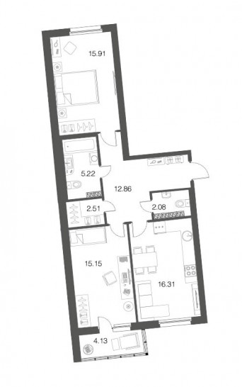 Двухкомнатная квартира 70.3 м²