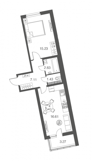Однокомнатная квартира 43.3 м²