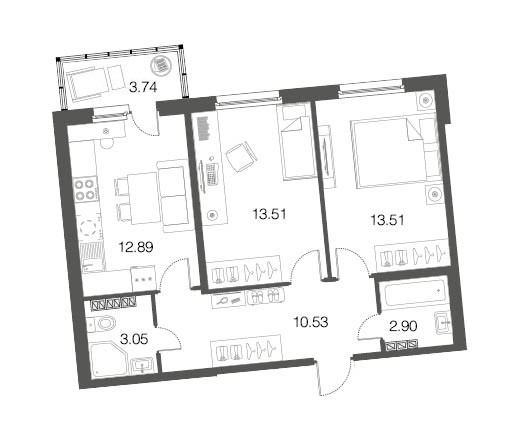 Двухкомнатная квартира 56.4 м²
