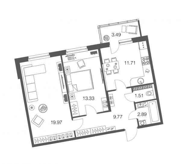 Двухкомнатная квартира 59.2 м²