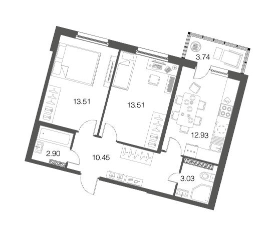 Двухкомнатная квартира 56.5 м²