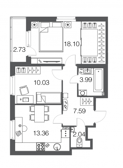Двухкомнатная квартира 55 м²