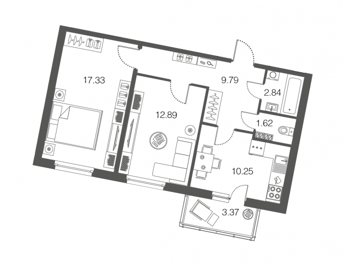 Двухкомнатная квартира 54.9 м²