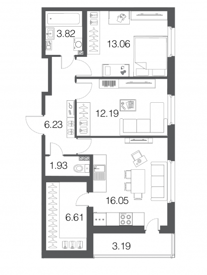 Двухкомнатная квартира 59.8 м²