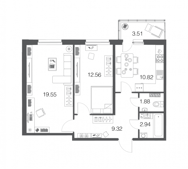 Двухкомнатная квартира 57 м²