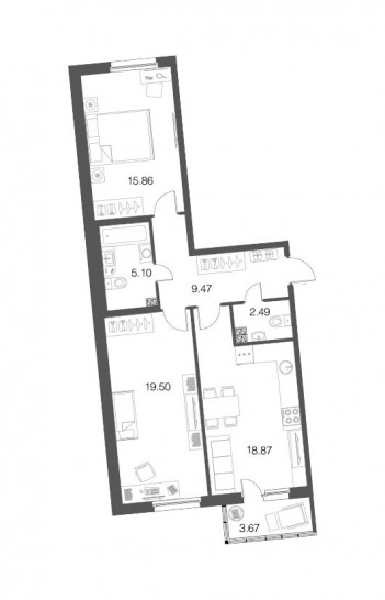 Двухкомнатная квартира 70.6 м²