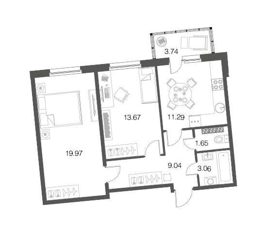 Двухкомнатная квартира 58.9 м²