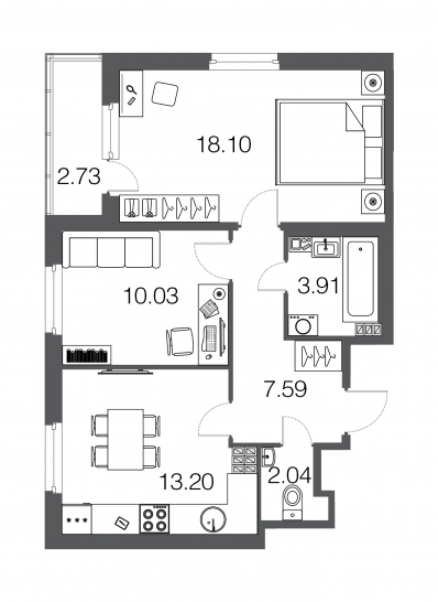 Двухкомнатная квартира 54.7 м²