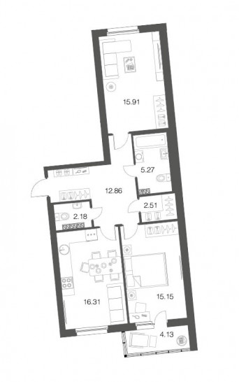 Двухкомнатная квартира 70.1 м²