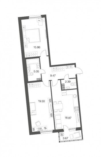 Двухкомнатная квартира 71 м²