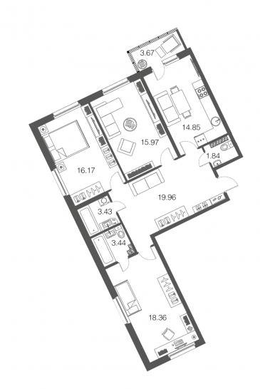 Трёхкомнатная квартира 94.3 м²