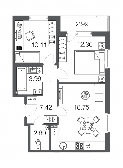 Двухкомнатная квартира 55.2 м²