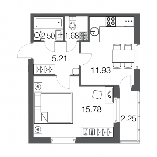 Однокомнатная квартира 37 м²