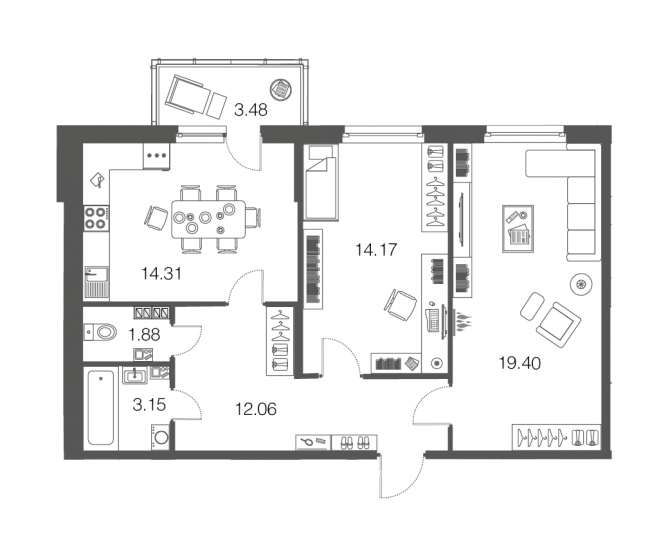 Двухкомнатная квартира 65.1 м²