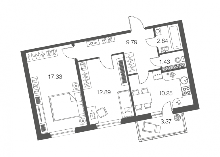 Двухкомнатная квартира 54.7 м²