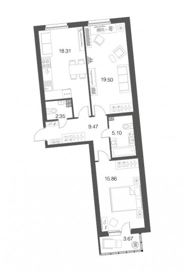Двухкомнатная квартира 70.5 м²
