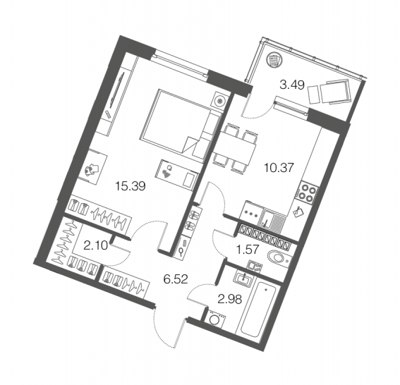 Однокомнатная квартира 39 м²