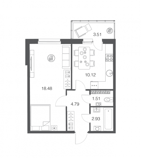 Однокомнатная квартира 37.8 м²