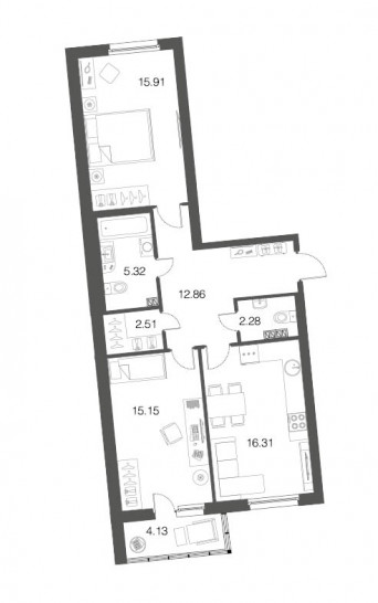 Двухкомнатная квартира 70.7 м²