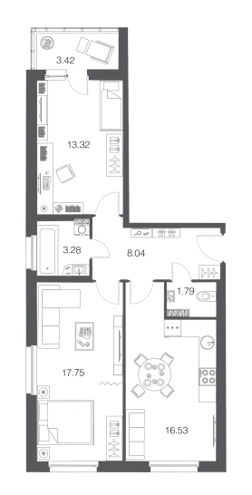 Двухкомнатная квартира 60.9 м²