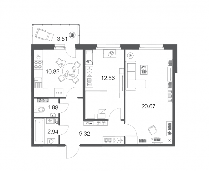 Двухкомнатная квартира 58.3 м²