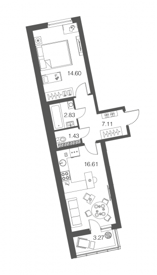 Однокомнатная квартира 42.6 м²