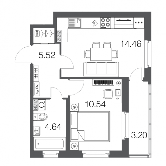 Однокомнатная квартира 35.1 м²