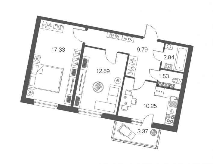 Двухкомнатная квартира 54.8 м²