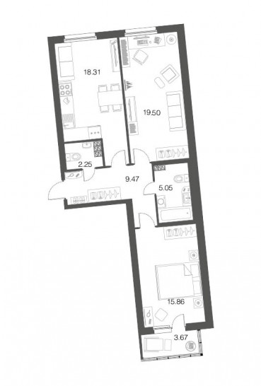 Двухкомнатная квартира 70.4 м²