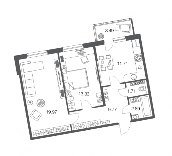 Двухкомнатная квартира 59.6 м²