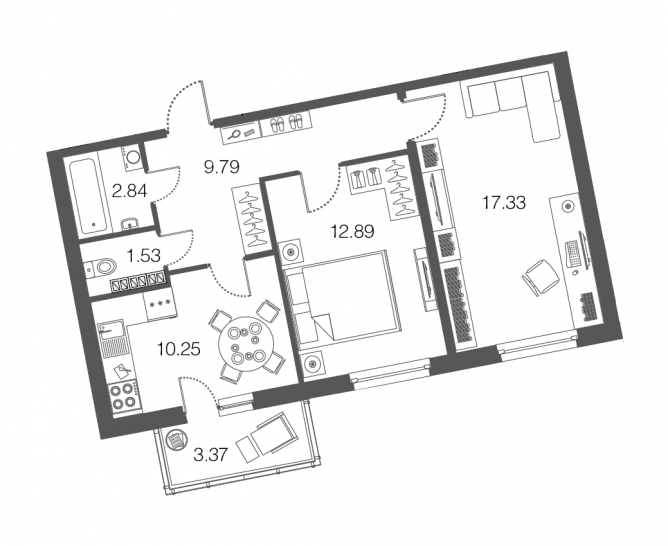 Двухкомнатная квартира 54.9 м²