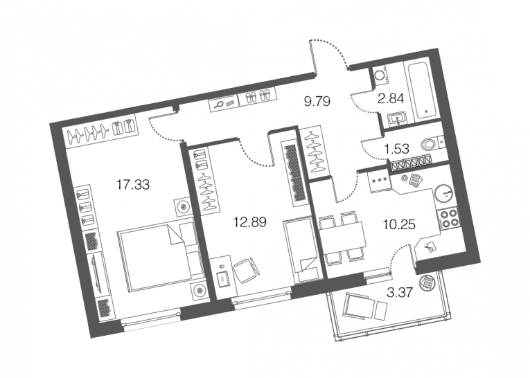 Двухкомнатная квартира 54.7 м²