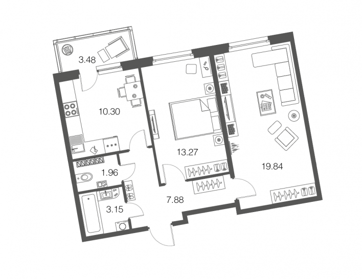 Двухкомнатная квартира 56.4 м²