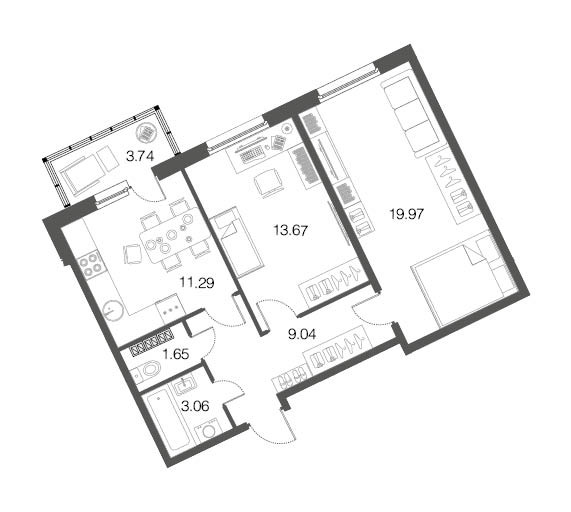 Двухкомнатная квартира 58.9 м²