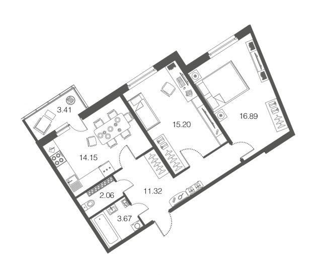 Двухкомнатная квартира 63.3 м²