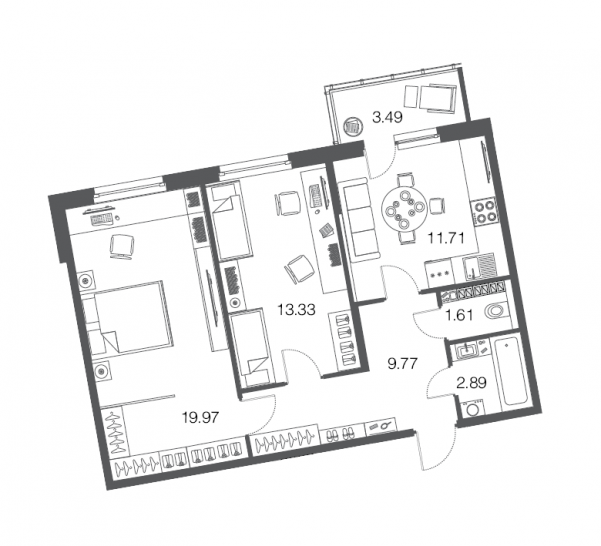 Двухкомнатная квартира 59.4 м²
