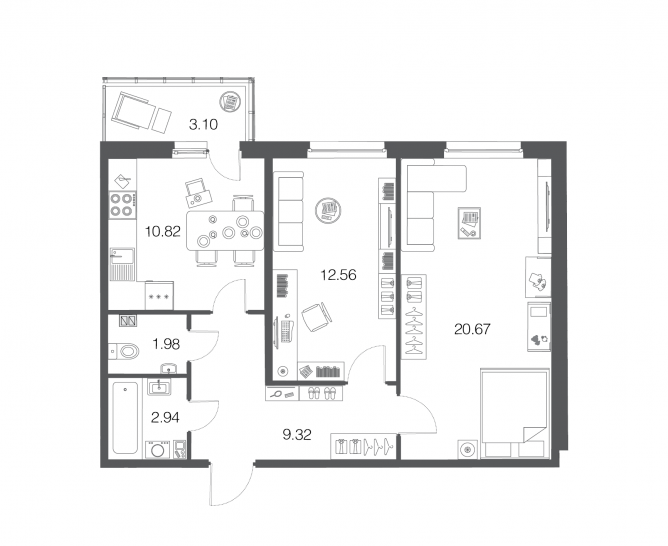 Двухкомнатная квартира 58.3 м²
