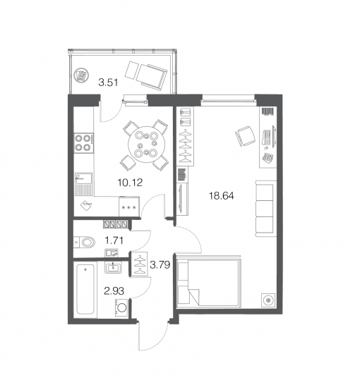 Однокомнатная квартира 37 м²