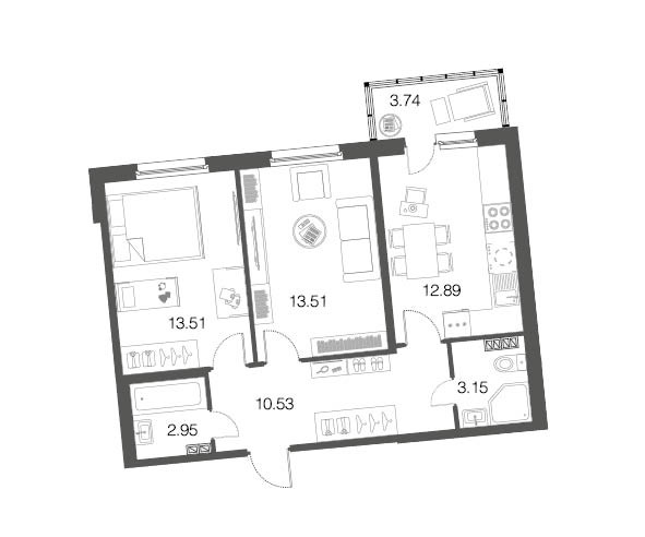 Двухкомнатная квартира 56.5 м²