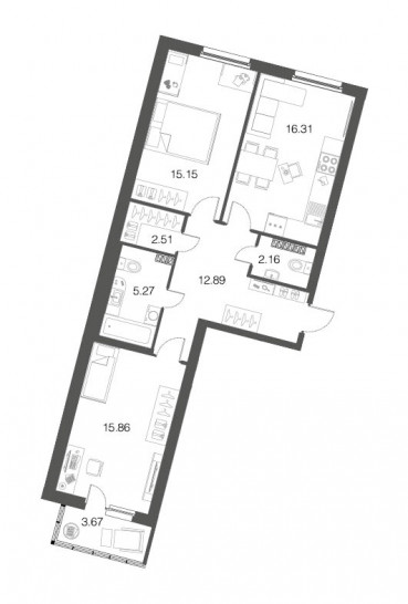 Двухкомнатная квартира 70.3 м²