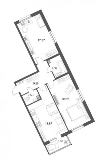 Двухкомнатная квартира 72.7 м²