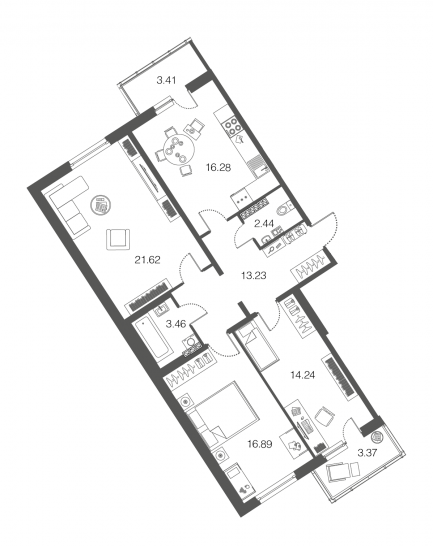 Трёхкомнатная квартира 88.3 м²