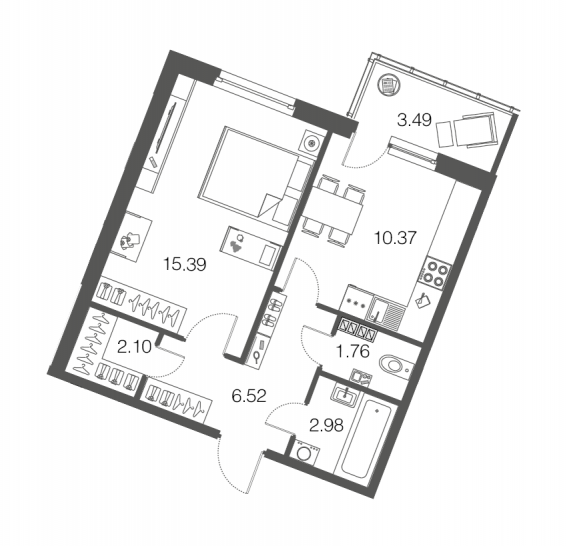 Однокомнатная квартира 39.2 м²