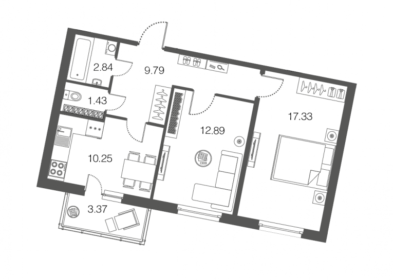 Двухкомнатная квартира 54.6 м²