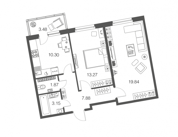 Двухкомнатная квартира 56.3 м²