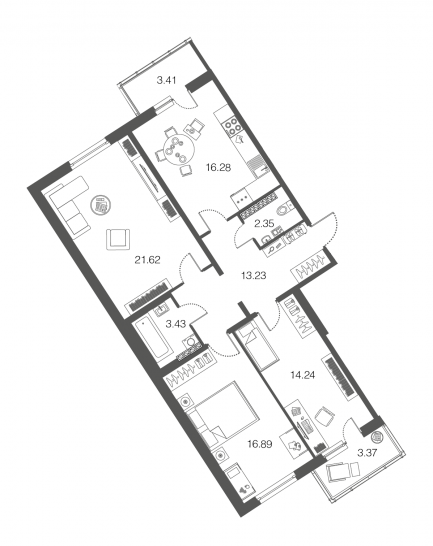 Трёхкомнатная квартира 88.3 м²