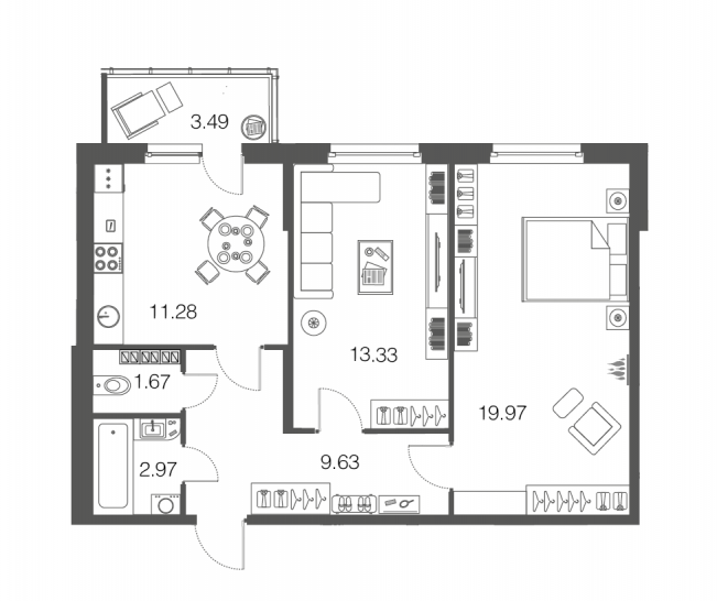 Двухкомнатная квартира 58.4 м²