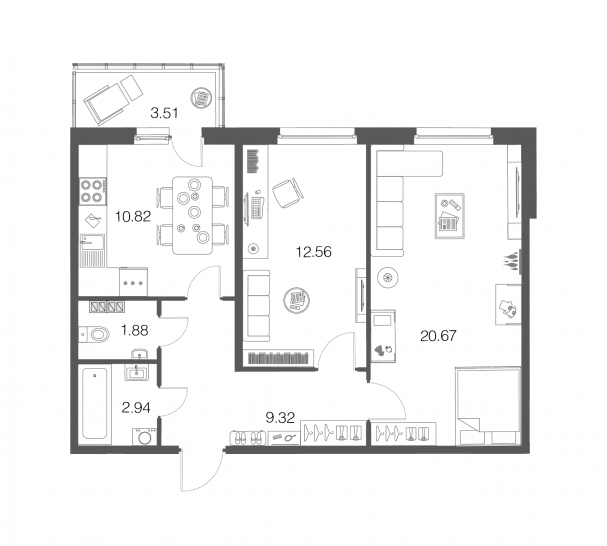 Двухкомнатная квартира 58.2 м²