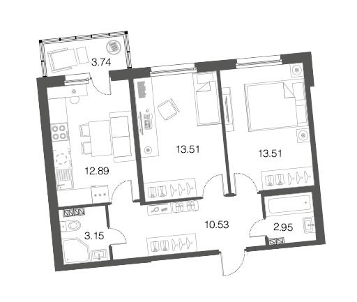 Двухкомнатная квартира 56.6 м²